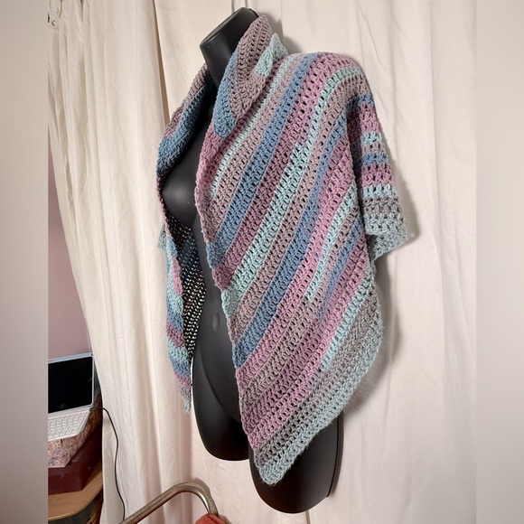 Hand Knit Pastel Shawl Wrap OS Gorgeous Pink Blue Gray - Picture 1 of 4